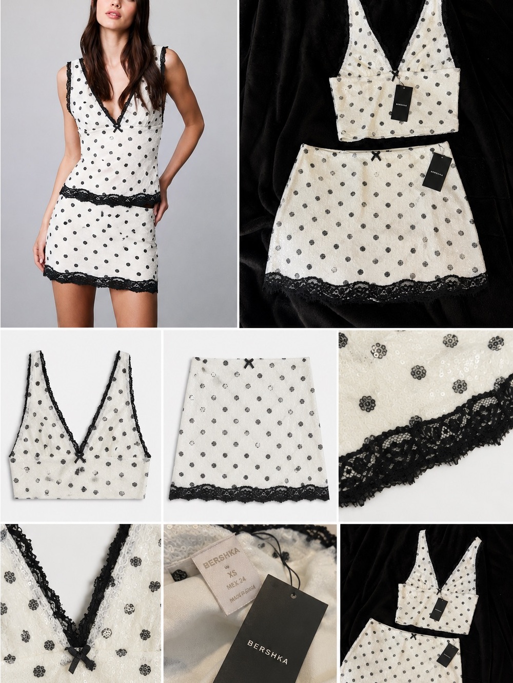 ✨ NWT Bershka Sequin Polka Dot Lace Trim Two-Piece Set XS ✨